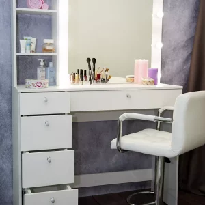 Туалетний столик для макіяжу М620 Jasmine, трюмо з підсвічуванням, поличками і тумбою, білий, під збірку