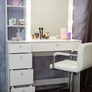 Туалетный столик для макияжа М620 Jasmine, трюмо с подсветкой, полочками и тумбой, белый
